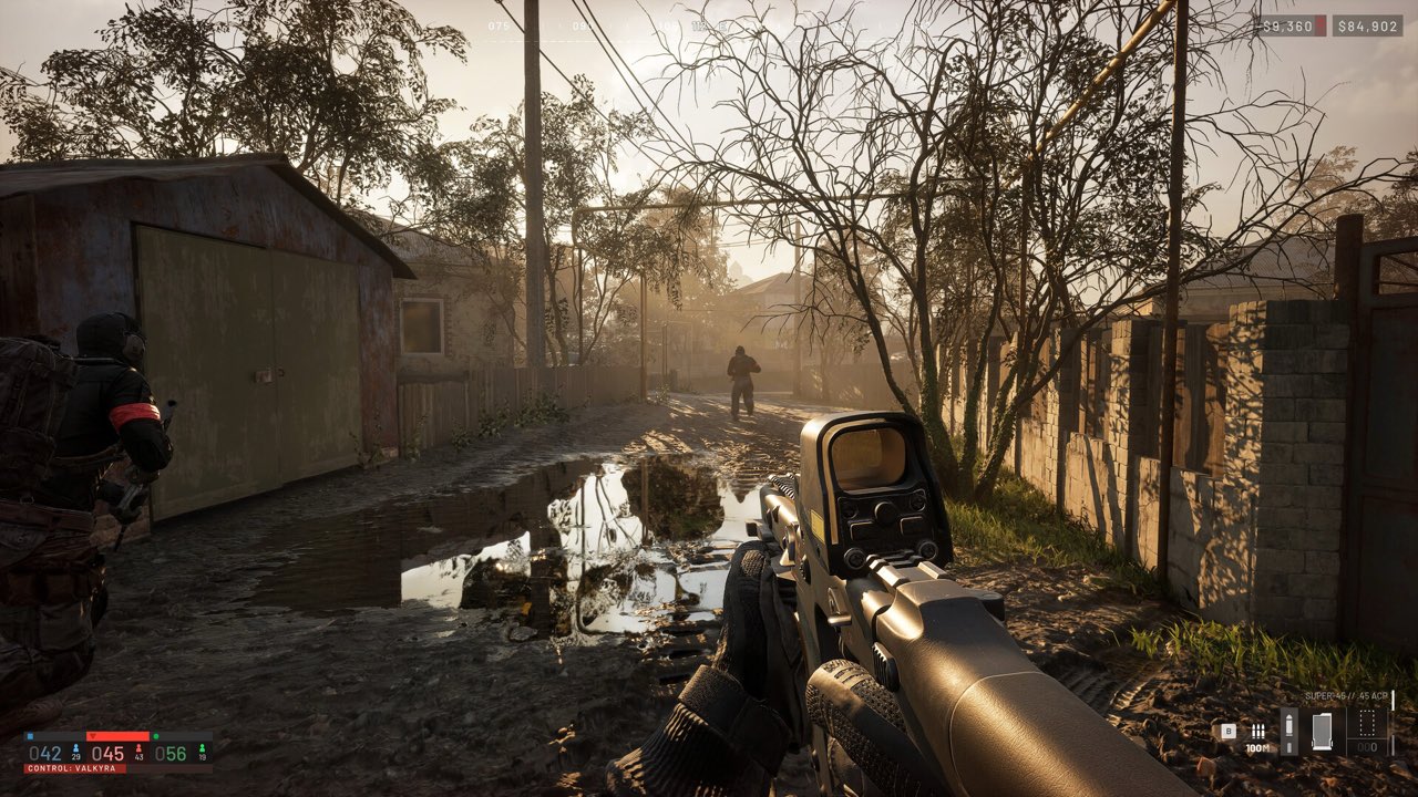 Official WARDOGS first-person screenshot showing a rifle and the three-team HUD