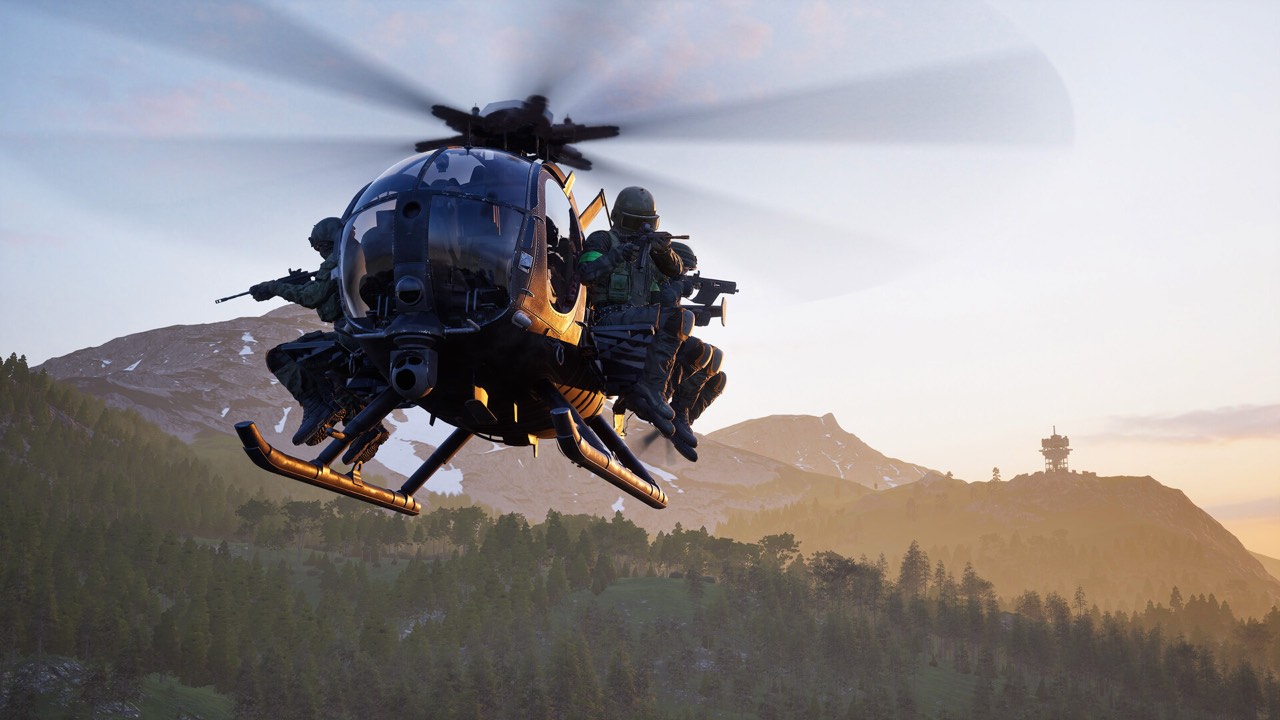 Official WARDOGS screenshot showing an armed squad aboard a helicopter